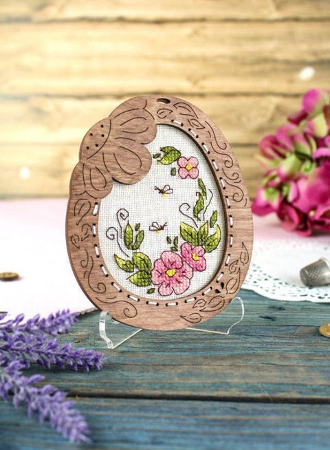 Mini Cross Stitch Kit on Wooden Base, Delicate Flowers, Beginner-Friendly Embroidery Craft, Pastel Pink Lilac Green Decor Pendant by MP Studia