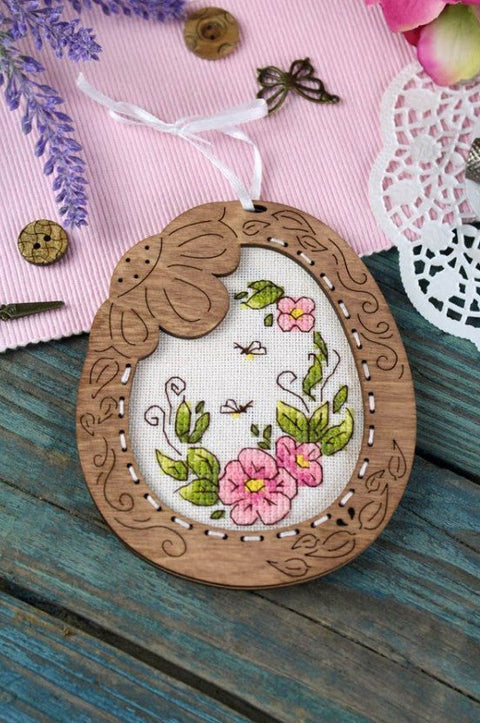 Mini Cross Stitch Kit on Wooden Base, Delicate Flowers, Beginner-Friendly Embroidery Craft, Pastel Pink Lilac Green Decor Pendant by MP Studia