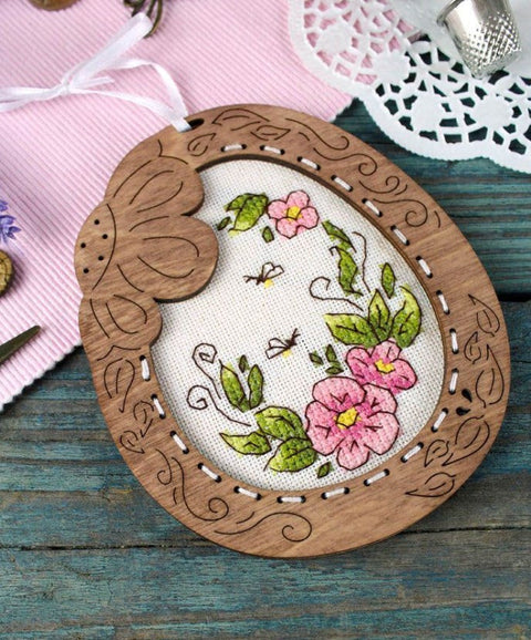 Mini Cross Stitch Kit on Wooden Base, Delicate Flowers, Beginner-Friendly Embroidery Craft, Pastel Pink Lilac Green Decor Pendant by MP Studia