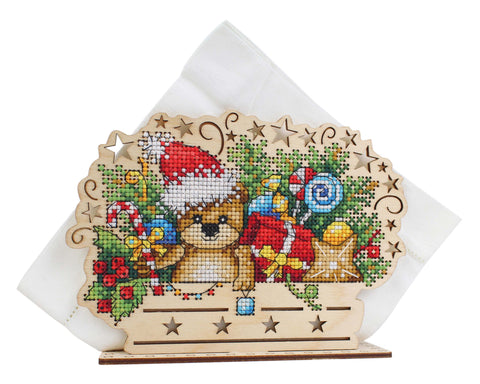Cross Stitch Kit for Wooden Napkin Holder, New Year Theme, Natural Wood, MP Studia Craft Set for Standard Paper Napkins