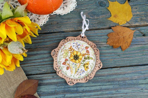 Cross Stitch Kit on Wooden Base – Autumn Miniature, MP Studia Embroidery Craft Project for Seasonal Decor