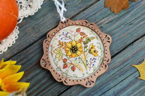 Cross Stitch Kit on Wooden Base – Autumn Miniature, MP Studia Embroidery Craft Project for Seasonal Decor
