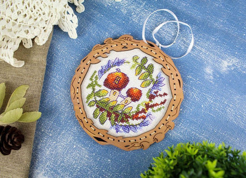 Cross Stitch Kit on Wooden Base, Mushroom House Miniature, Cotton Threads, Needle and Pattern Included, MP Studia DIY Craft Set