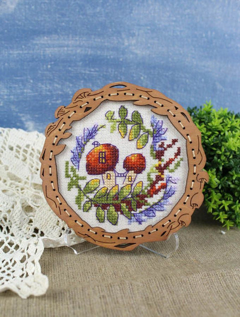 Cross Stitch Kit on Wooden Base, Mushroom House Miniature, Cotton Threads, Needle and Pattern Included, MP Studia DIY Craft Set