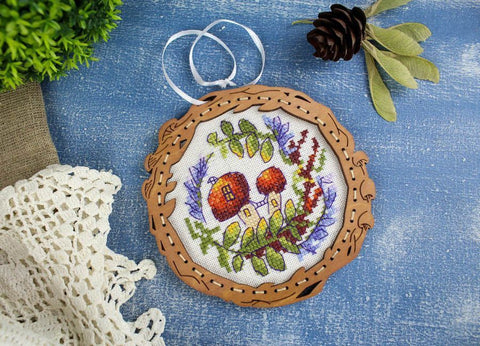 Cross Stitch Kit on Wooden Base, Mushroom House Miniature, Cotton Threads, Needle and Pattern Included, MP Studia DIY Craft Set