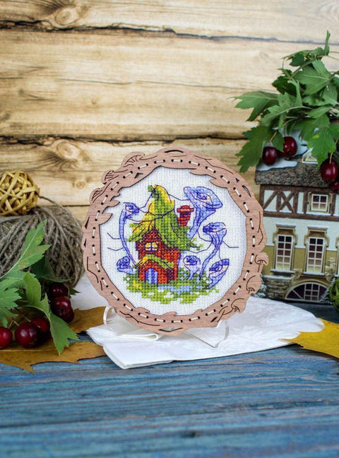 Cross Stitch Kit on Wooden Base, Marsh House Miniature, Embroidery Threads, Needle, Pattern and Instructions by MP Studia