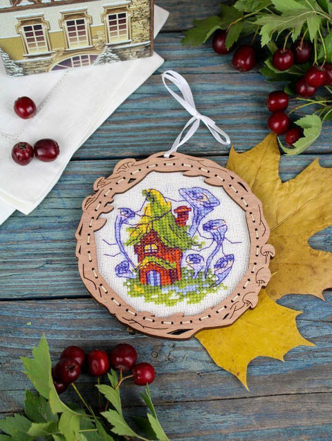 Cross Stitch Kit on Wooden Base, Marsh House Miniature, Embroidery Threads, Needle, Pattern and Instructions by MP Studia