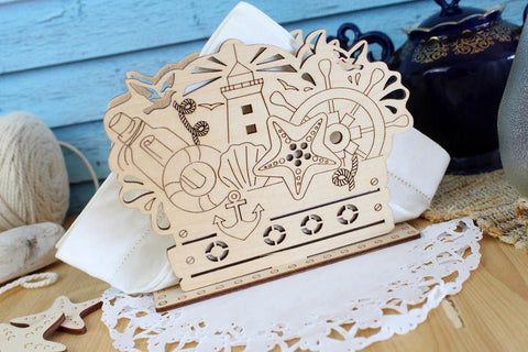 Cross Stitch Kit for Wooden Napkin Holder, Sea-Themed Design, MP Studia, DIY Embroidery Craft for Standard Paper Napkins