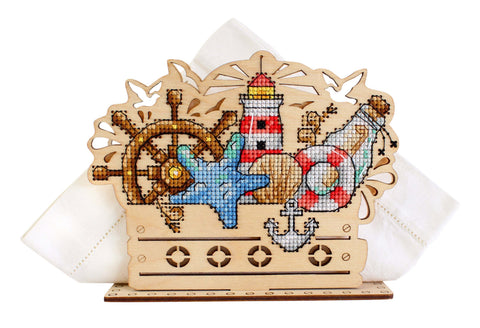 Cross Stitch Kit for Wooden Napkin Holder, Sea-Themed Design, MP Studia, DIY Embroidery Craft for Standard Paper Napkins
