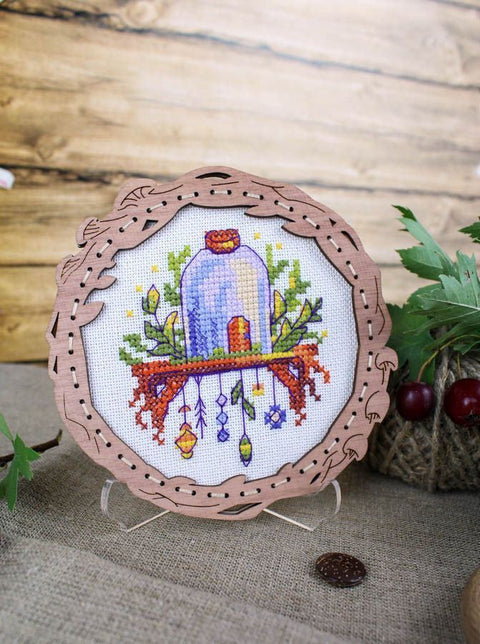 Miniature Cross Stitch Kit on Wood, House on a Shelf Design, MP Studia, Multicolor Threads, Beginner-Friendly Craft Project