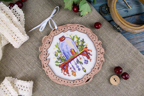 Miniature Cross Stitch Kit on Wood, House on a Shelf Design, MP Studia, Multicolor Threads, Beginner-Friendly Craft Project