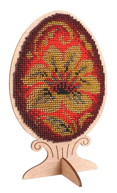 Cross Stitch and Bead Embroidery Kit on Wooden Egg, Khokhloma Pattern, MP Studia, Red Black Gold Craft Decor