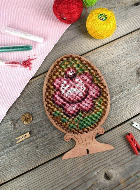 Beaded Embroidery Kit, Wooden Egg Base, Gorodets Painting Inspired Ornament, Cross Stitch Craft, MP Studia