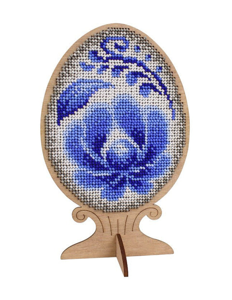 Bead Embroidery Kit on Wooden Base, Gzhel-Inspired Blue and White Easter Egg Cross Stitch Decor, MP Studia