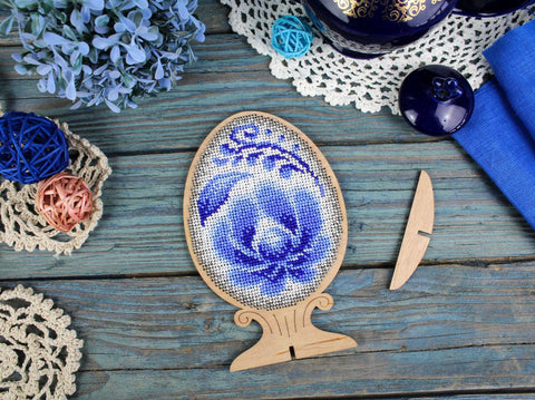 Bead Embroidery Kit on Wooden Base, Gzhel-Inspired Blue and White Easter Egg Cross Stitch Decor, MP Studia