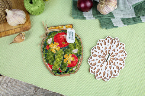 Cross Stitch Kit on Wooden Base, Summer Harvest Design, MP Studia, 13×12×9 cm, Tabletop or Shelf Decor