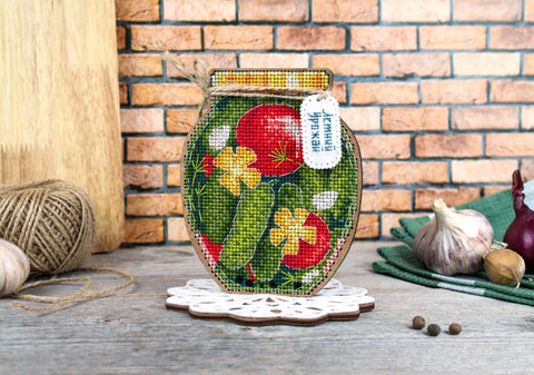 Cross Stitch Kit on Wooden Base, Summer Harvest Design, MP Studia, 13×12×9 cm, Tabletop or Shelf Decor