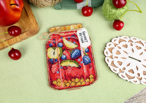 Cross Stitch Kit on Wooden Base, Summer Juice Design, MP Studia, Natural Wood, 13×12×9 cm, DIY Home Decor Project