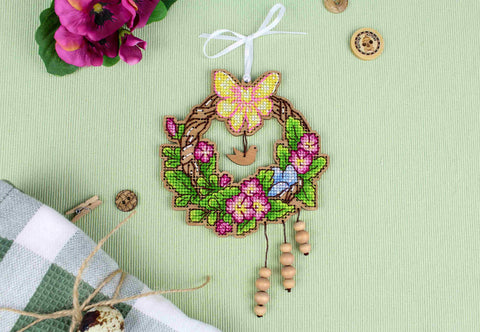 Easter Wreath Cross Stitch Kit on Wooden Base, 12×12 cm, MP Studia DIY Craft Set for Home Decor