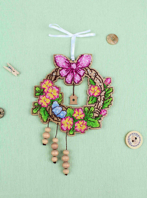 Easter Wreath Cross Stitch Kit on Perforated Wood Base, 12×12 cm, MP Studia, Seasonal Embroidery Craft Project