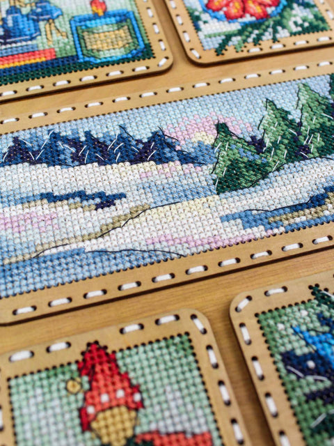 Winter Cross Stitch Kit on Wooden Base, 26 × 17 cm, MP Studia, 22-Color Thread, Winter Nature Collage, Hanging Decor