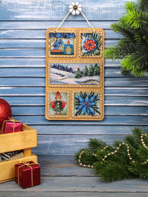 Winter Cross Stitch Kit on Wooden Base, 26 × 17 cm, MP Studia, 22-Color Thread, Winter Nature Collage, Hanging Decor