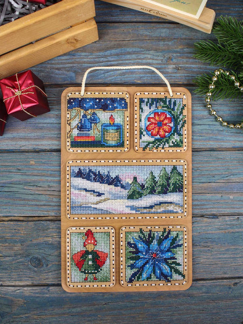 Winter Cross Stitch Kit on Wooden Base, 26 × 17 cm, MP Studia, 22-Color Thread, Winter Nature Collage, Hanging Decor