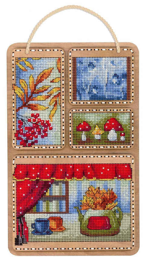 Wooden Cross Stitch Kit, Autumn Collage, 26 x 17 cm, MP Studia, Perforated Wood Base, 26 Kirov Thread Shades