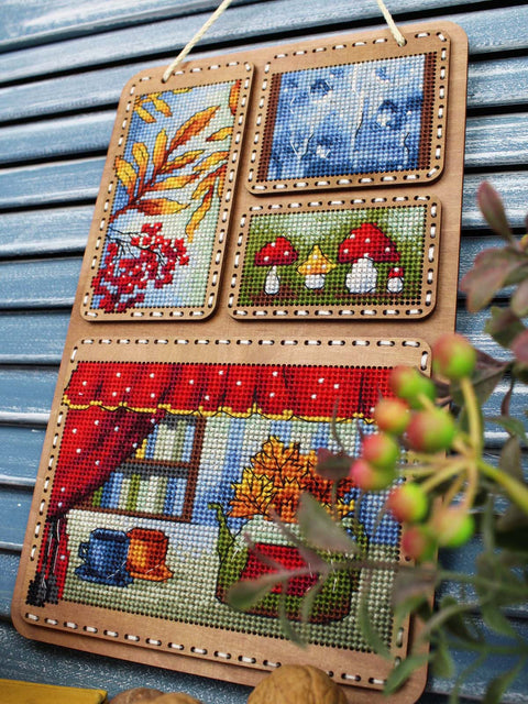 Wooden Cross Stitch Kit, Autumn Collage, 26 x 17 cm, MP Studia, Perforated Wood Base, 26 Kirov Thread Shades