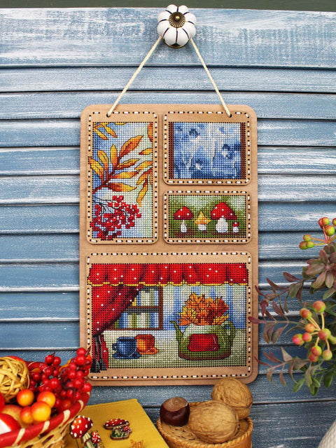 Wooden Cross Stitch Kit, Autumn Collage, 26 x 17 cm, MP Studia, Perforated Wood Base, 26 Kirov Thread Shades