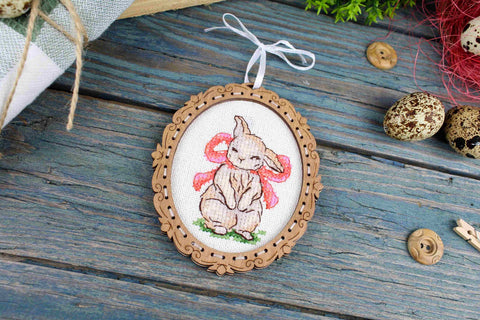 Cross Stitch Kit on Natural Wood Base, Bunny with Bow, 10×9 cm, Beginner Embroidery Craft Set by MP Studia