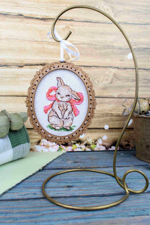 Cross Stitch Kit on Natural Wood Base, Bunny with Bow, 10×9 cm, Beginner Embroidery Craft Set by MP Studia
