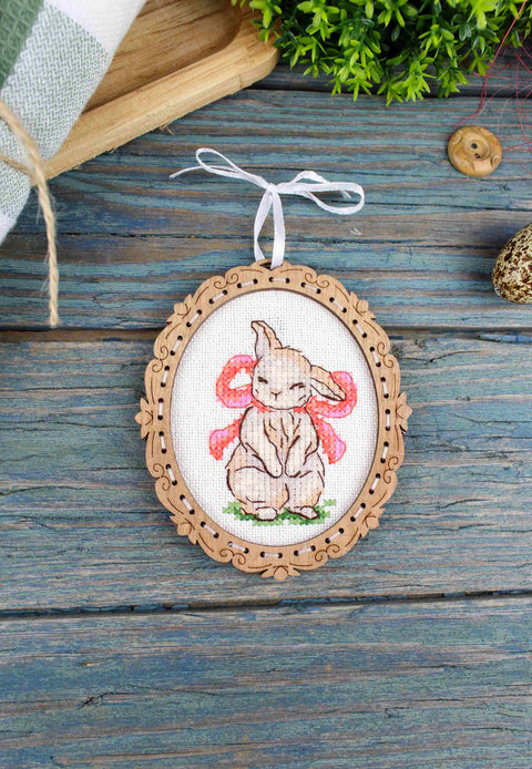 Cross Stitch Kit on Natural Wood Base, Bunny with Bow, 10×9 cm, Beginner Embroidery Craft Set by MP Studia