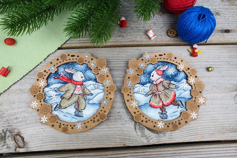 Cross Stitch Embroidery on Wood Base, Winter Landscape Wall Decor, MP Studia, 11×12 cm Miniature, Natural Wood Tones