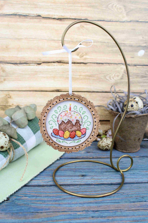 Mini Cross Stitch Kit on Wood, Easter Cake Design, MP Studia, 8x8 cm Natural Wood Craft Project