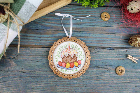 Mini Cross Stitch Kit on Wood, Easter Cake Design, MP Studia, 8x8 cm Natural Wood Craft Project
