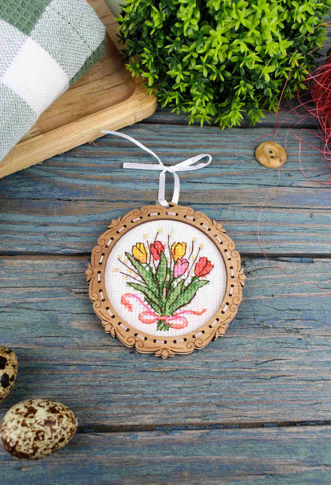 Mini Cross Stitch Kit on Wood, Tulip Bouquet, 8×8 cm, MP Studia Embroidery Set for Beginners and Advanced Crafters