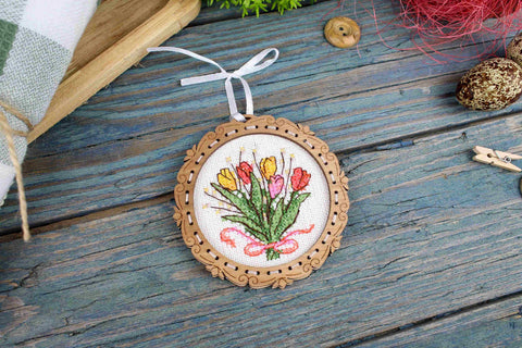 Mini Cross Stitch Kit on Wood, Tulip Bouquet, 8×8 cm, MP Studia Embroidery Set for Beginners and Advanced Crafters