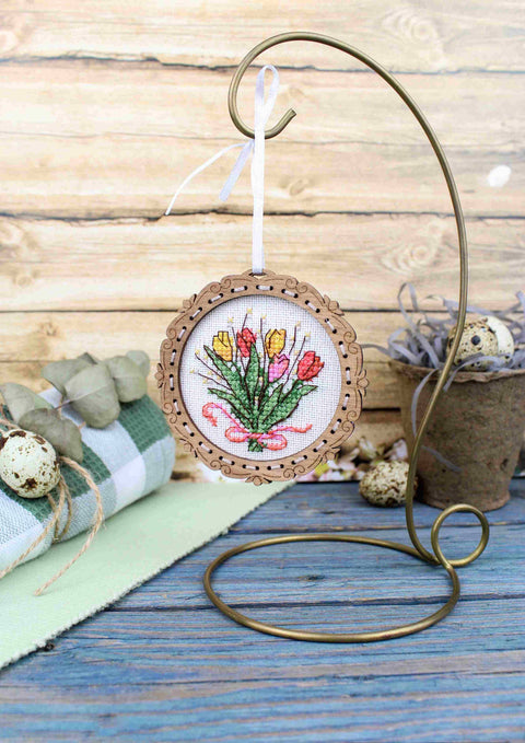 Mini Cross Stitch Kit on Wood, Tulip Bouquet, 8×8 cm, MP Studia Embroidery Set for Beginners and Advanced Crafters