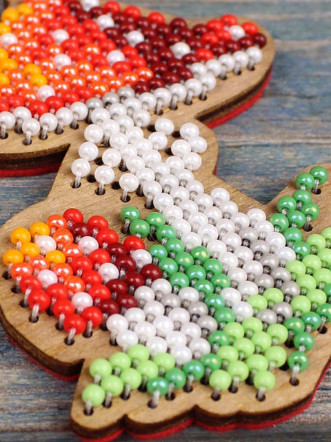 Christmas Cross Stitch Ornament Kit on Perforated Wood, Mushroom Design, 7 x 5 cm, MP Studia, Preciosa Beads