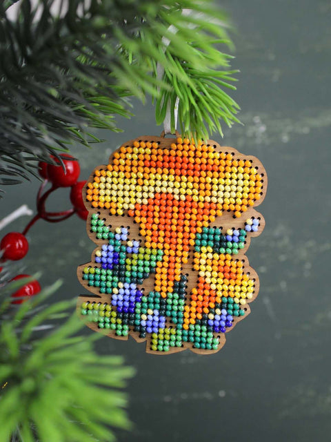 Christmas Cross Stitch Ornament Kit with Chanterelle Mushroom Design, Wooden Base 8 x 6 cm, Preciosa Beads, MP Studia