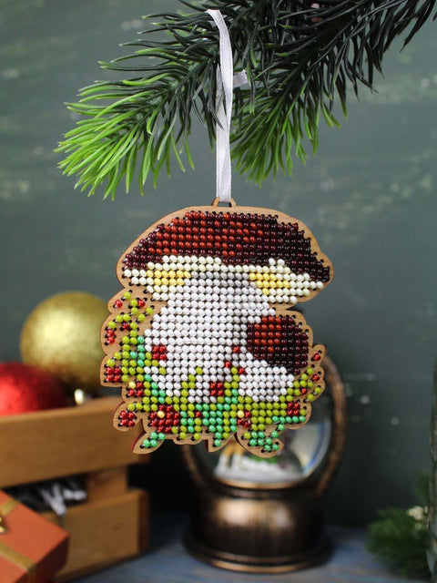 Cross Stitch Christmas Ornament Kit, Boletus Mushroom on Wooden Base, MP Studia, 8 x 7 cm