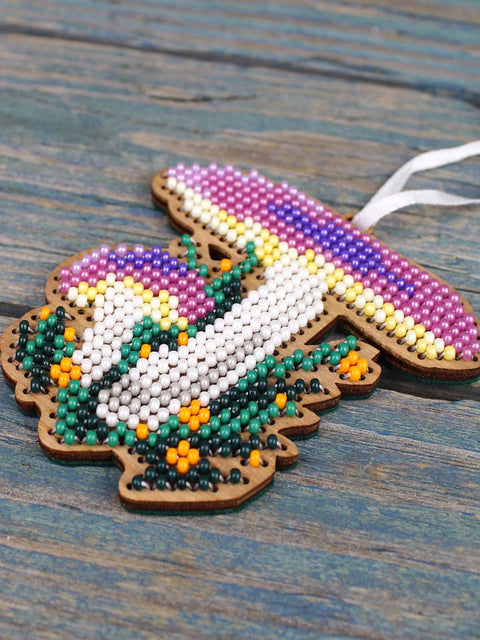 Christmas Cross Stitch Kit on Wood, Mushroom and Plant Design, 8x7 cm Tree Ornament, MP Studia DIY Craft Set