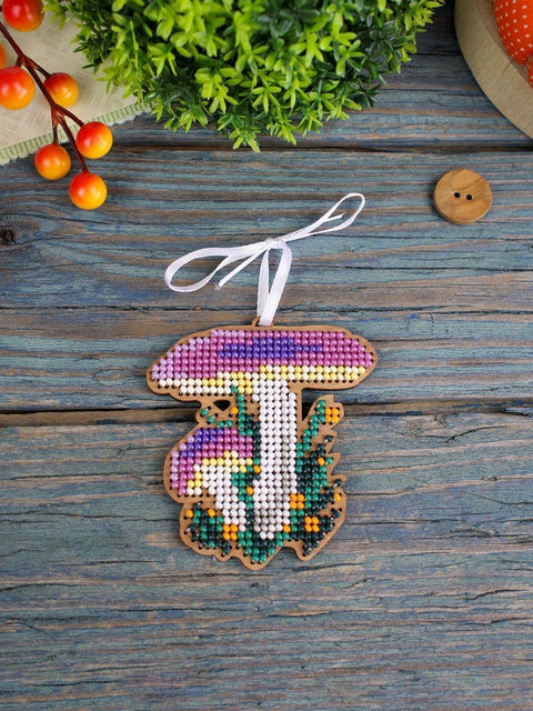 Christmas Cross Stitch Kit on Wood, Mushroom and Plant Design, 8x7 cm Tree Ornament, MP Studia DIY Craft Set