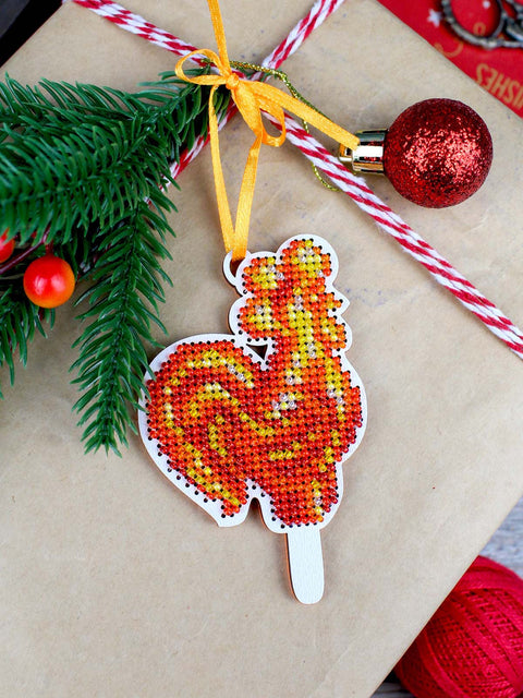 Rooster Cross Stitch Kit on Wooden Base with Beads, 10 x 9 cm, MP Studia, Preciosa Beads, 6 Colors