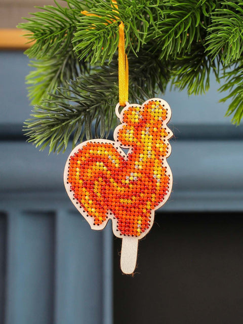 Rooster Cross Stitch Kit on Wooden Base with Beads, 10 x 9 cm, MP Studia, Preciosa Beads, 6 Colors