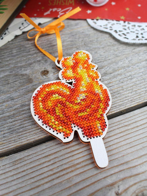 Rooster Cross Stitch Kit on Wooden Base with Beads, 10 x 9 cm, MP Studia, Preciosa Beads, 6 Colors