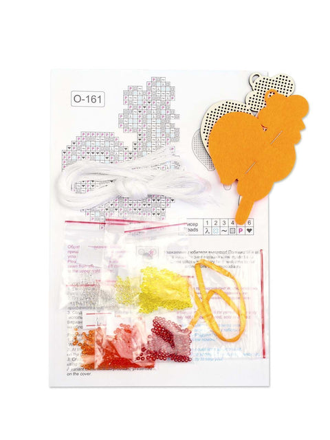 Rooster Cross Stitch Kit on Wooden Base with Beads, 10 x 9 cm, MP Studia, Preciosa Beads, 6 Colors