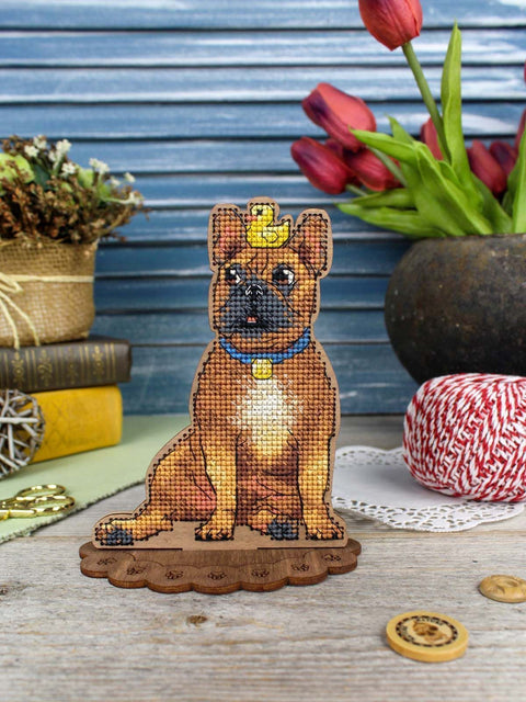 Cross Stitch Kit on Perforated Wood, French Bulldog and Duck, MP Studia, 14 cm Animal Design, Embroidery Threads and Stand