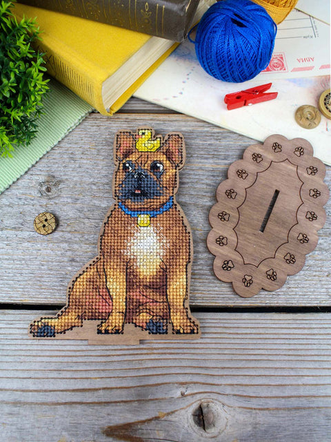 Cross Stitch Kit on Perforated Wood, French Bulldog and Duck, MP Studia, 14 cm Animal Design, Embroidery Threads and Stand